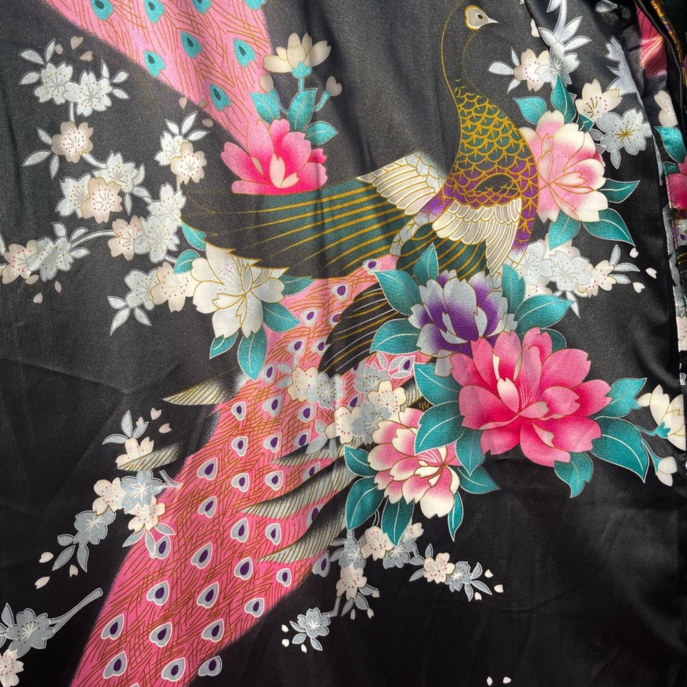 Babeyond Black Satin Kimono Robe Peacock Floral Design. 54” long - Picture 7 of 10